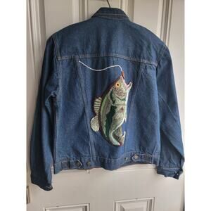 Vintage American Hero Dark Wash Denim Jacket Men Fish Embroidered READ